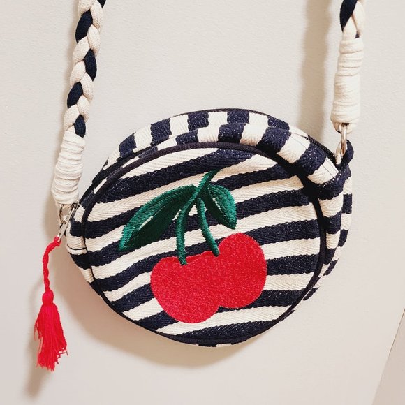 Paper Source Nautical Rope Strap Navy & White Striped Circle Purse with Cherries - Picture 2 of 5